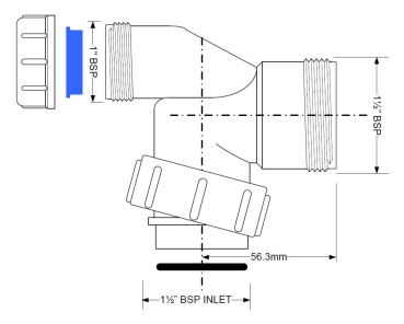 Preview: Technische Zeichnung eines Waschgeräteanschlusses 1½ Zoll mit Maßangaben; zeigt Gewindeanschlüsse, 90-Grad-Winkel, Schlauchstutzen sowie Einbaumaße für den Anschluss von Waschmaschine oder Geschirrspüler
